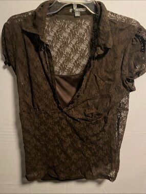 Apt. 9 Brown Lace Short-Sleeve Blouse with Inner Camisole